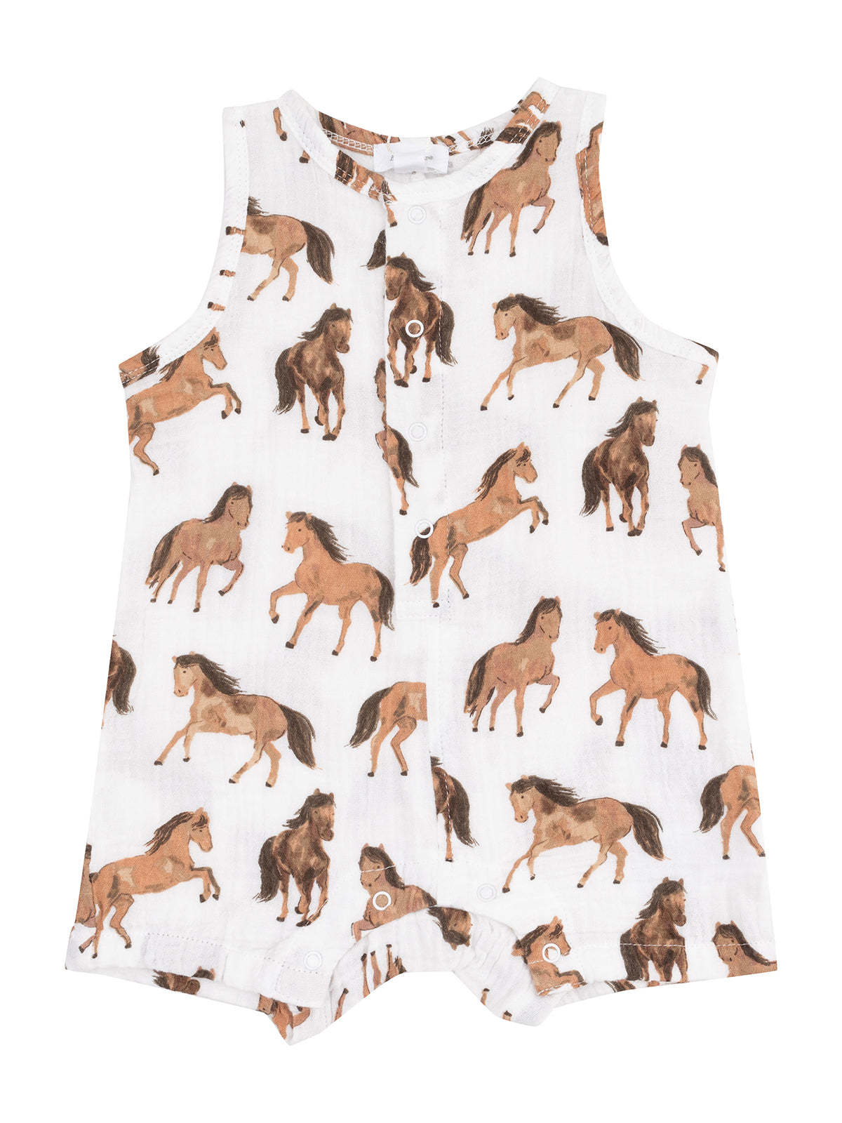 Children's sleeveless romper featuring a playful horse pattern on a white background. Perfect for warm weather.