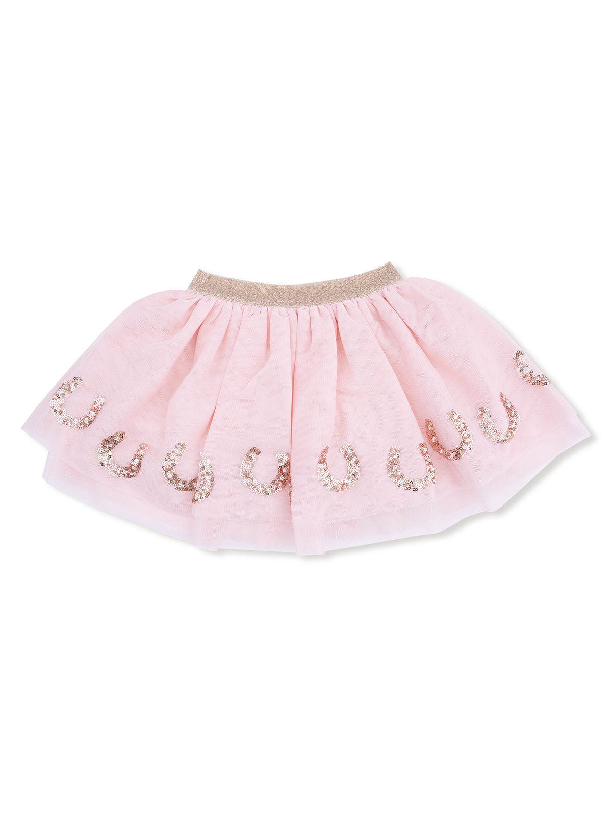 Pink tulle skirt adorned with sequined horseshoes and an elastic waistband, suitable for young girls.