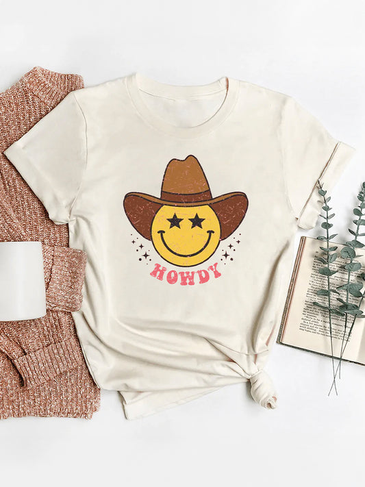 Howdy Cowboy Happy Face Graphic Tee, Natural