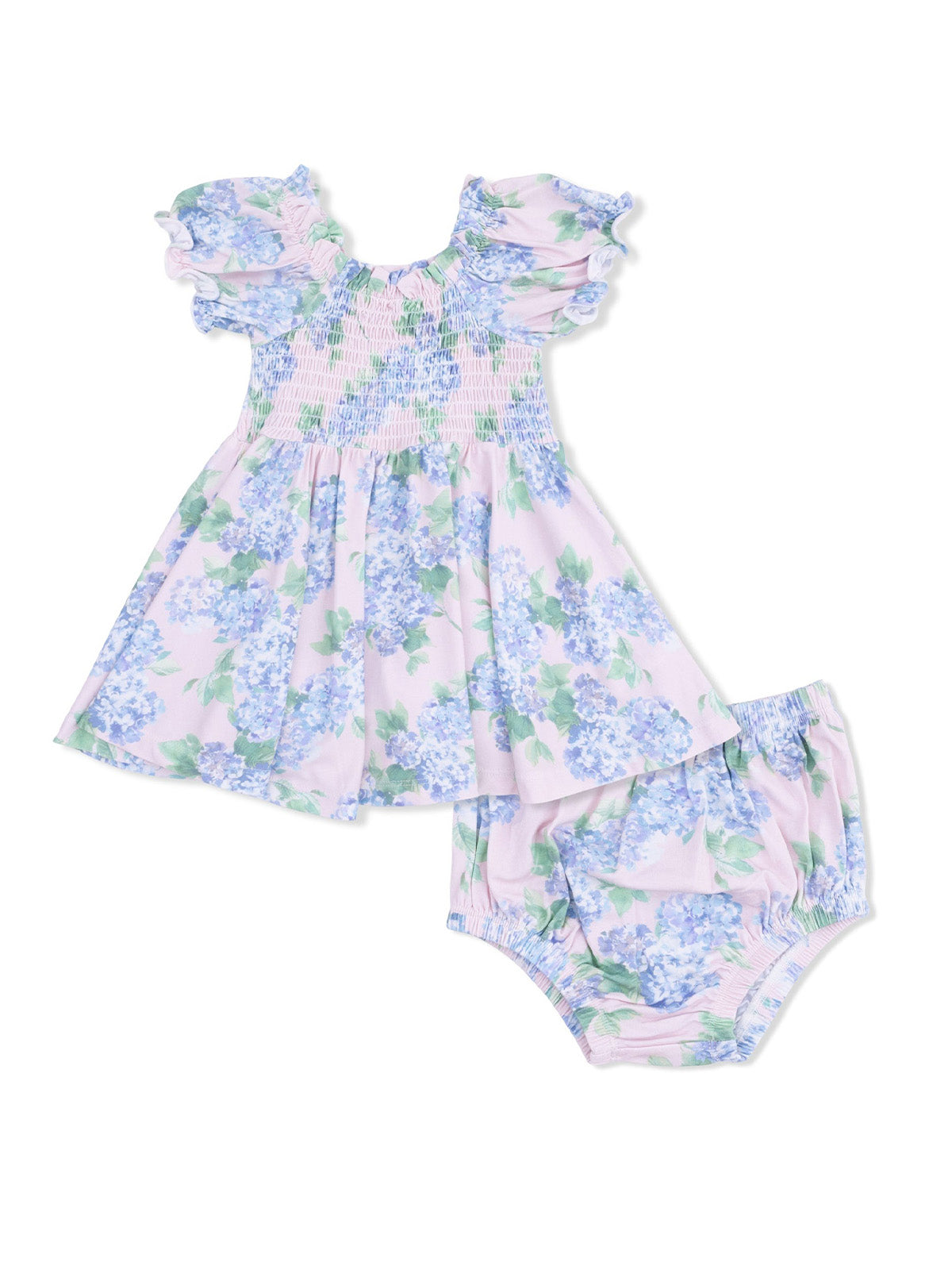 Floral dress with puff sleeves and matching bloomers in pastel colors. Perfect for spring and summer outfits.