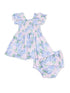 Floral dress with puff sleeves and matching bloomers in pastel colors. Perfect for spring and summer outfits.