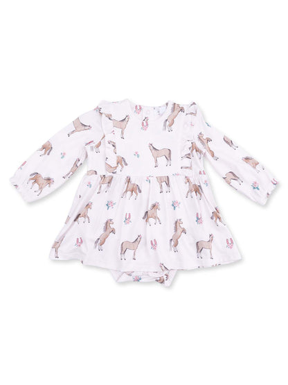 Long Sleeve Ruffle Bodysuit Dress, I Love Horses
