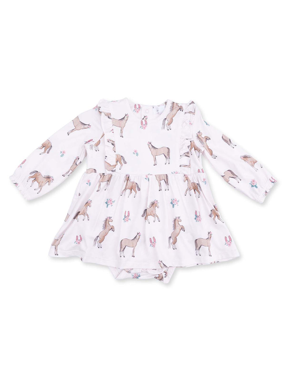Long Sleeve Ruffle Bodysuit Dress, I Love Horses