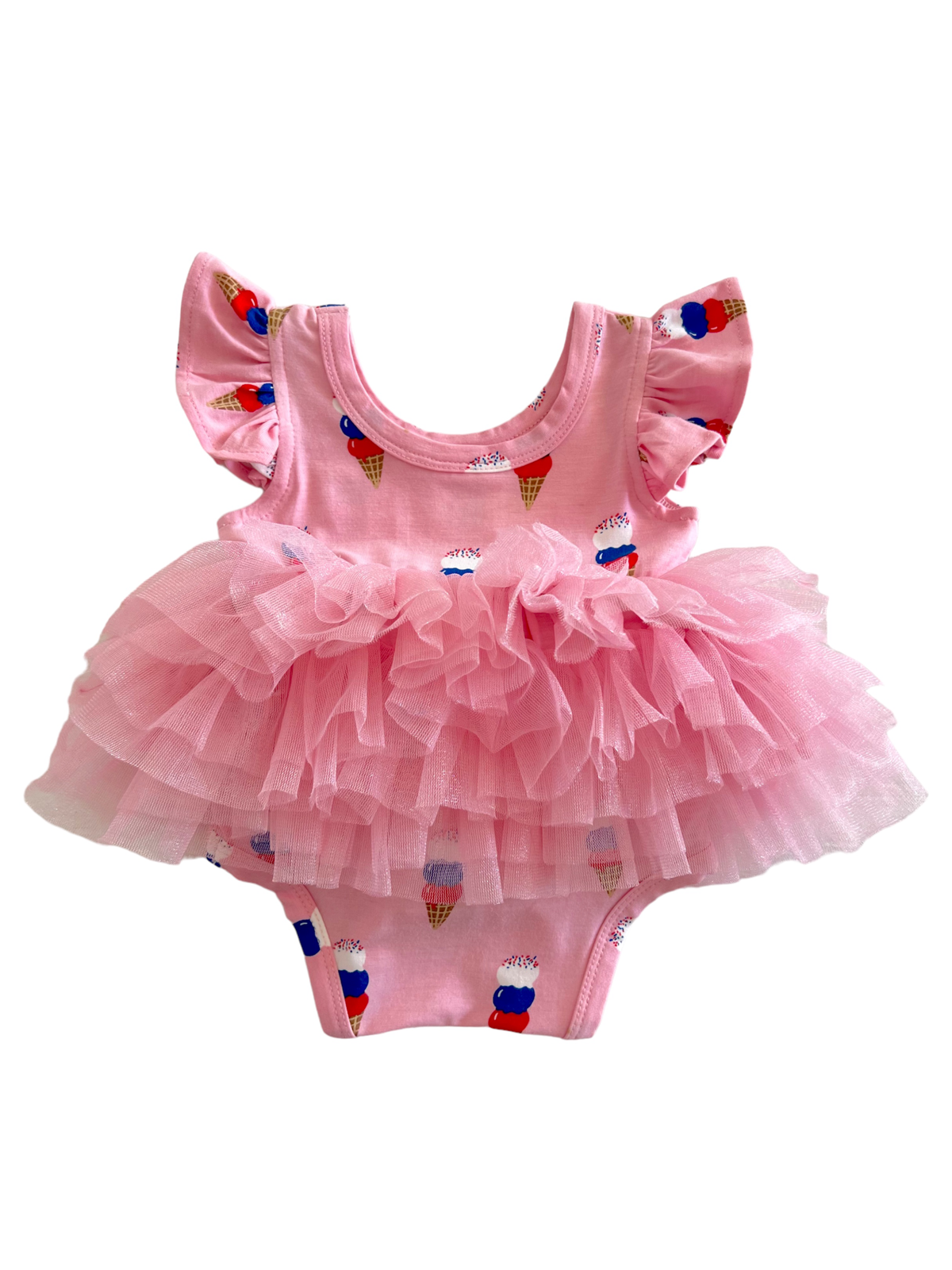 Pink toddler swimsuit with ice cream print and fluffy tulle ruffles. Perfect for summer fun and beach outings.
