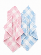 Pink and blue checkered washcloths stacked in a diagonal arrangement against a white background.