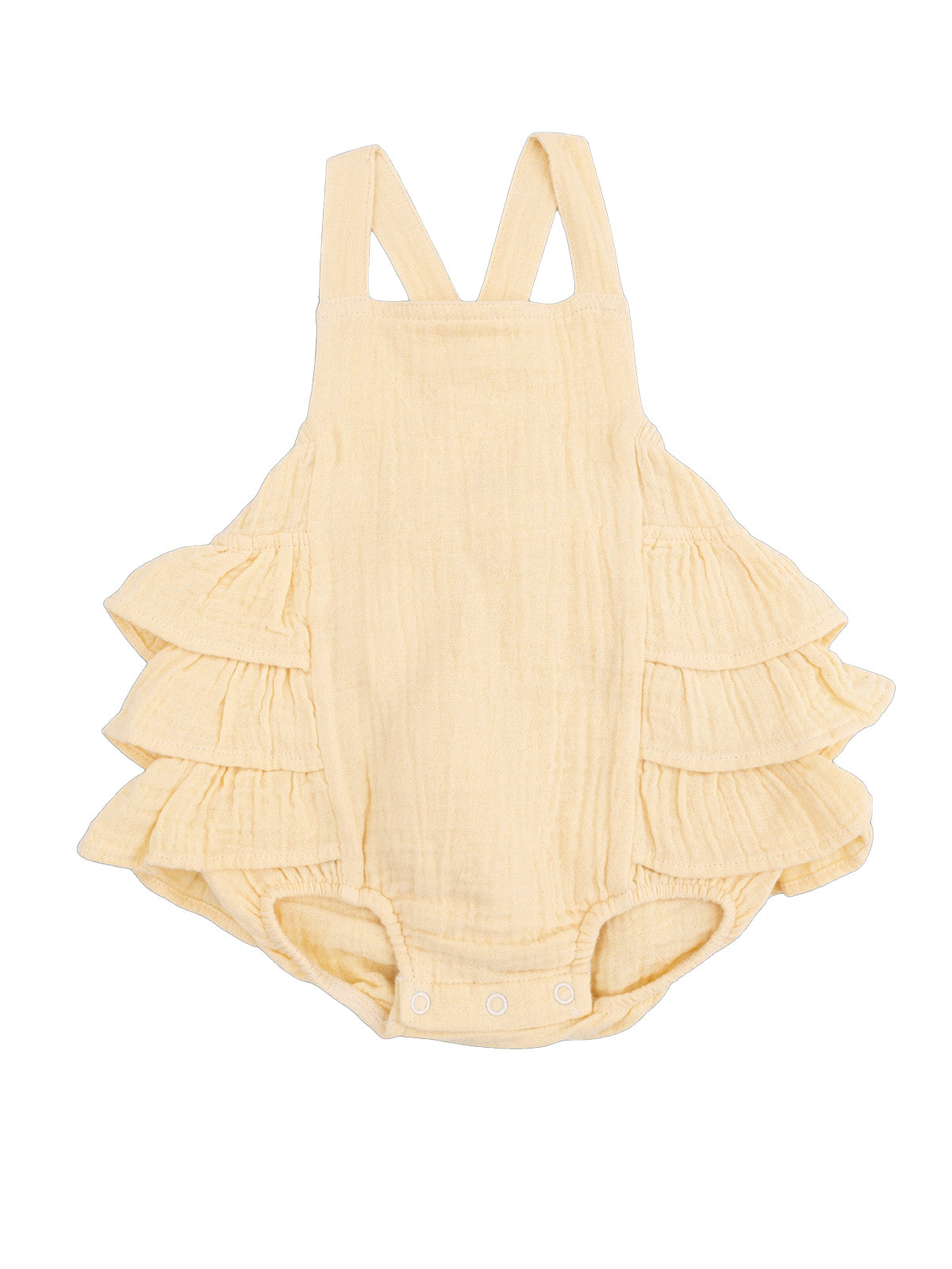 Yellow ruffled romper for infants with adjustable straps and snap closures. Soft, breathable fabric.
