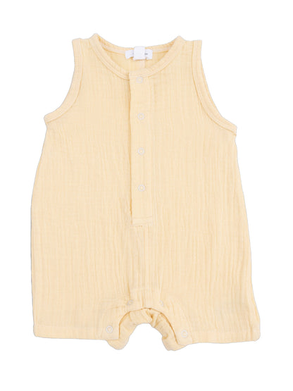 Yellow sleeveless baby romper with button closure and soft textured fabric. Ideal for warm weather.