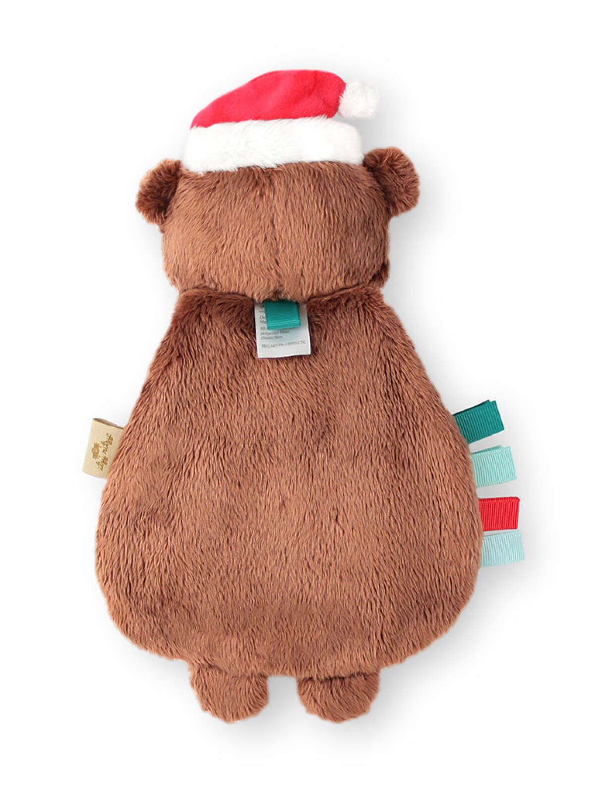 Brown plush bear with red and white Santa hat and colorful ribbon tags, viewed from the back.
