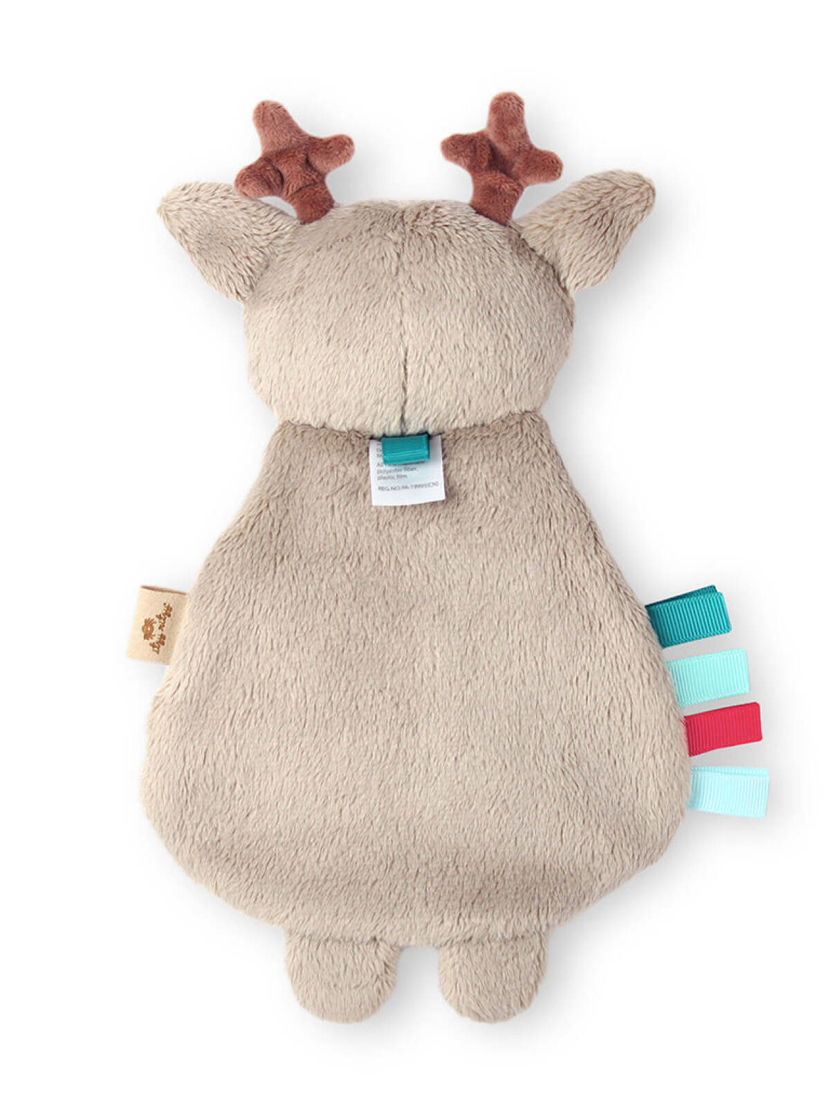 Soft, beige plush toy resembling a deer, featuring antlers and colorful tag ribbons.