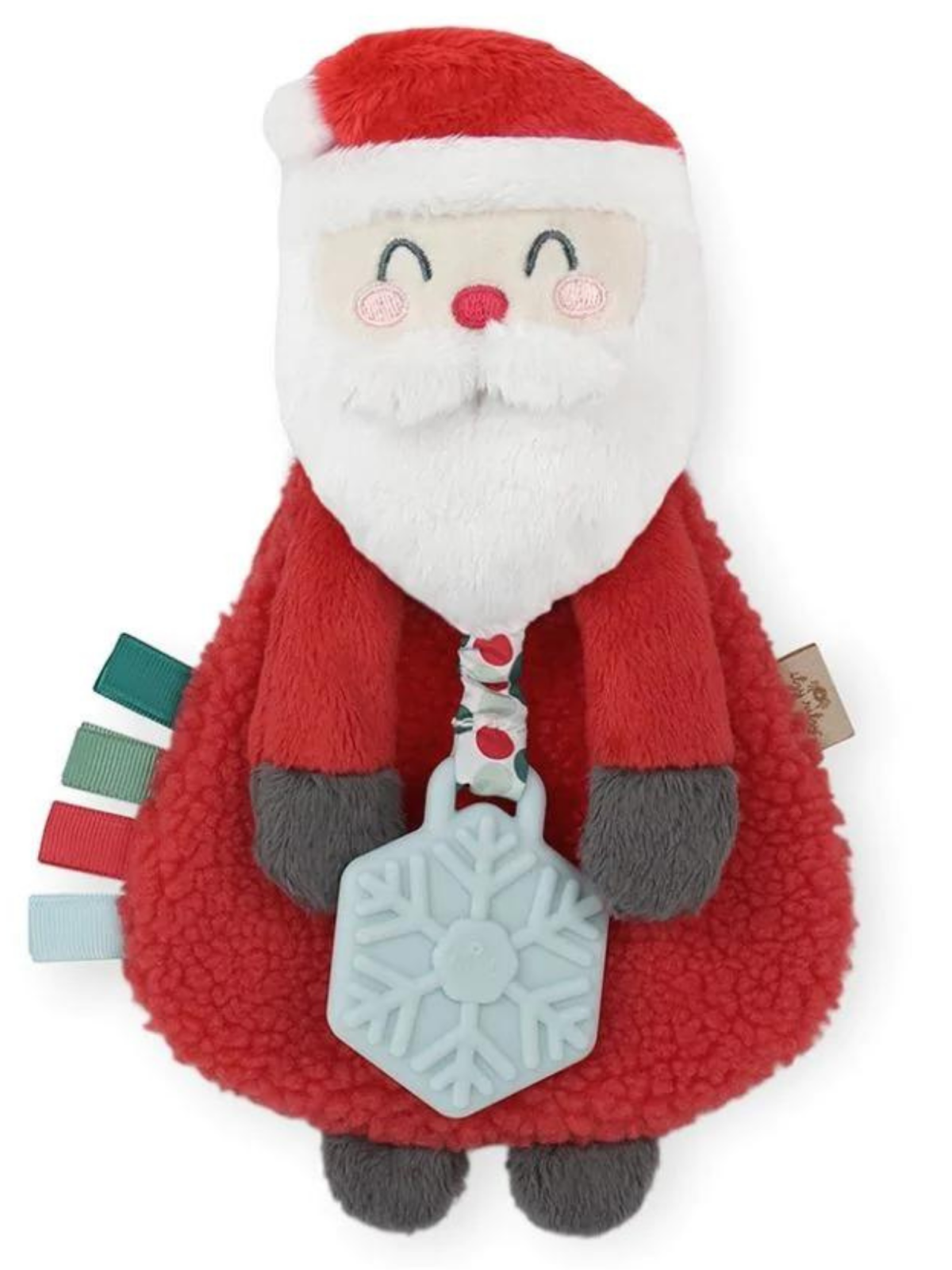 Soft Santa plush toy with tags and a silicone snowflake teether, perfect for babies and toddlers.