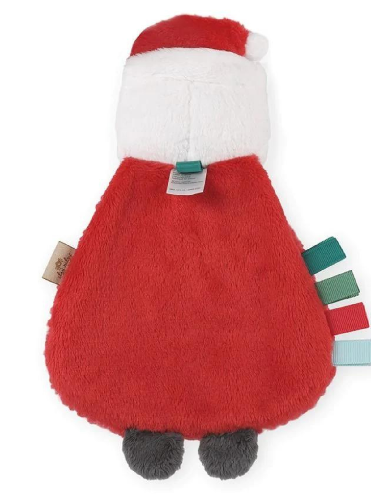 Soft red plush Santa toy with a white hat, featuring tags in various colors on the side.