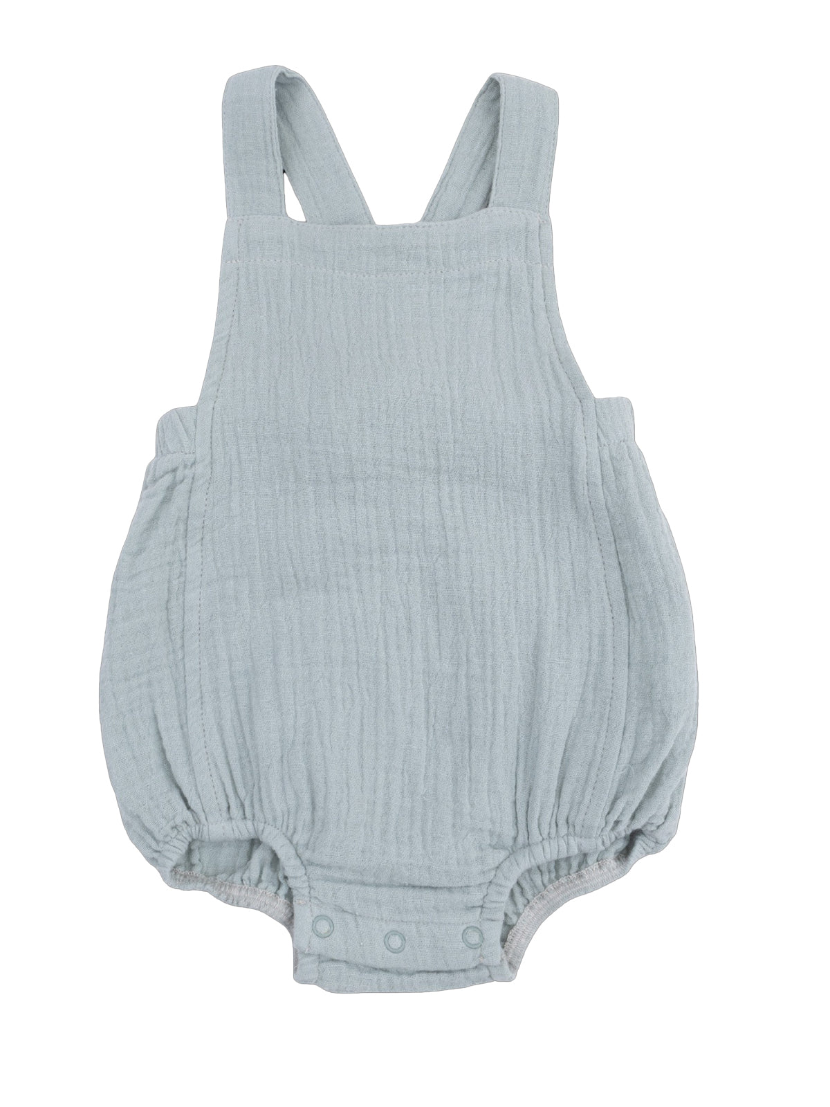 Light blue baby romper with adjustable shoulder straps and snap closure at the bottom. Soft, textured fabric.