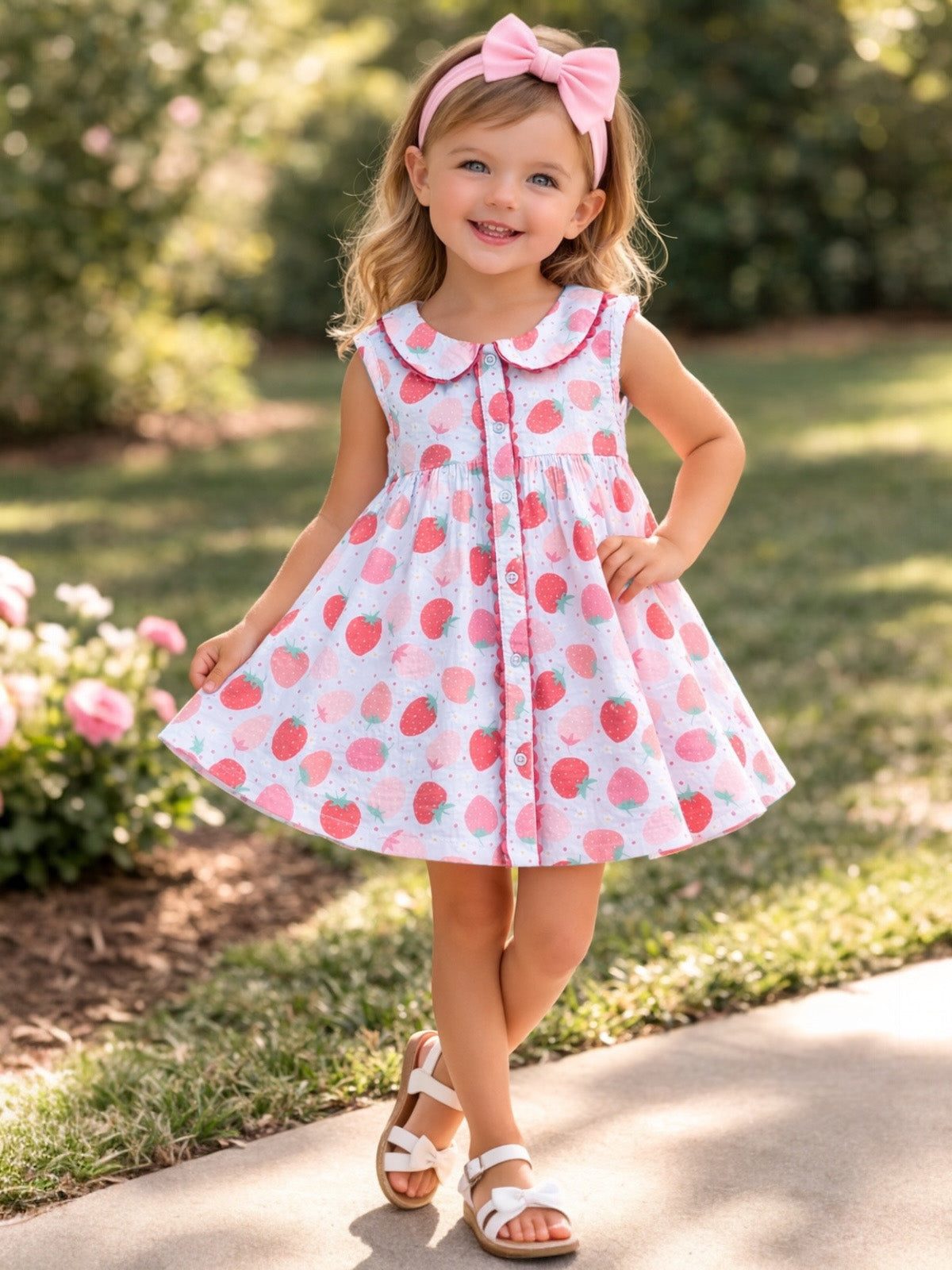 Smiling girl in a strawberry-patterned dress and pink bow, standing on a path among greenery and flowers.