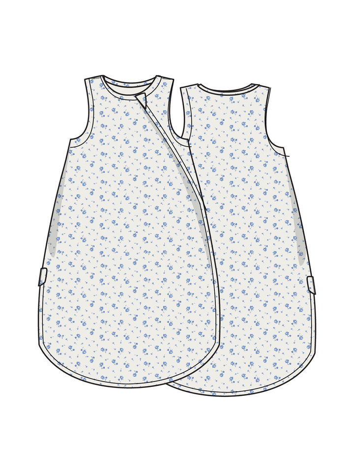 Illustration of a sleeveless floral baby dress, showing front and back views with blue and white patterns.