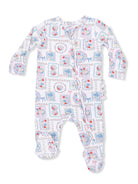 Colorful floral-patterned baby romper with long sleeves and footed design.