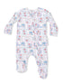 Colorful floral-patterned baby romper with long sleeves and footed design.