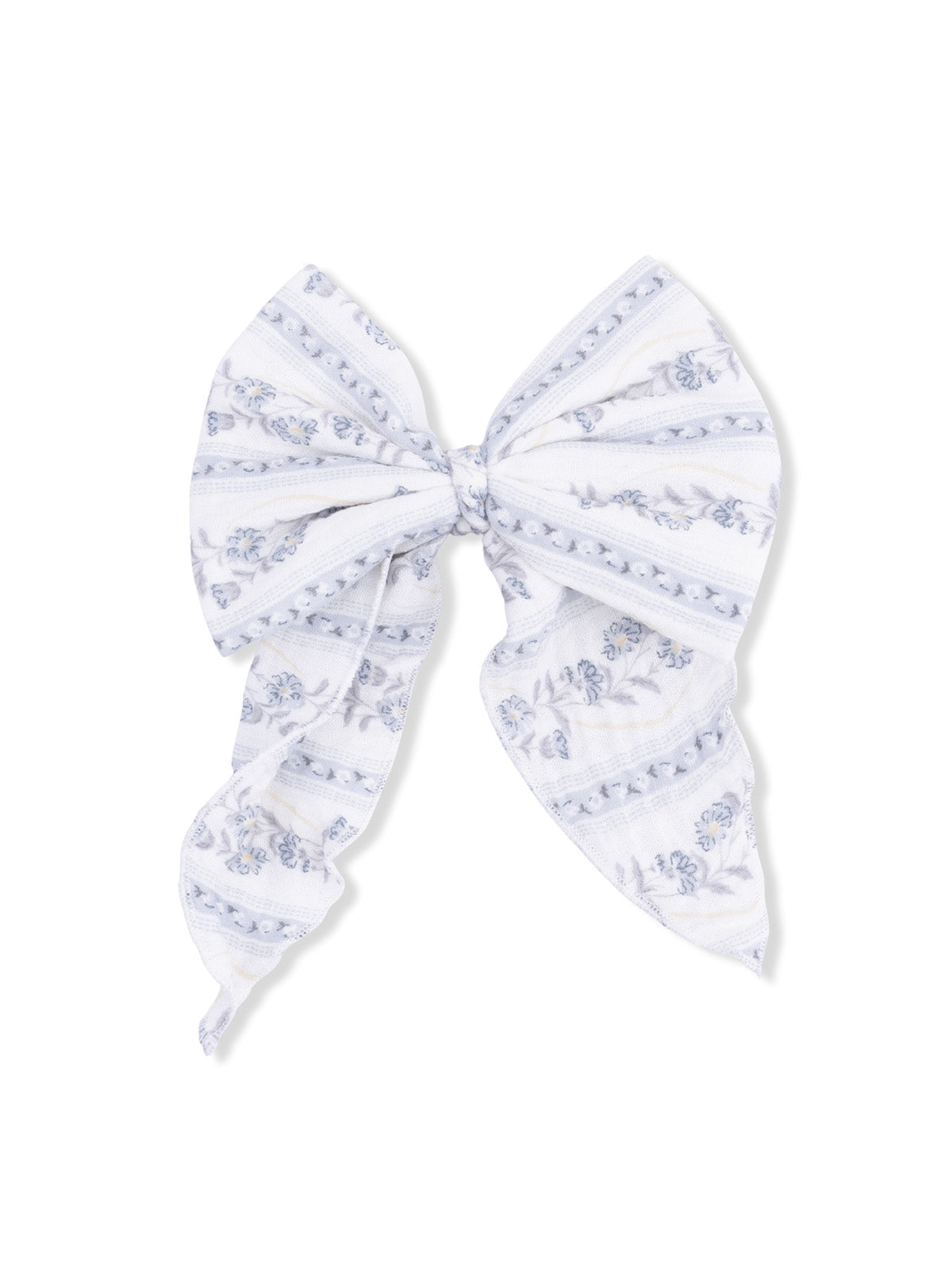 White bow with blue floral patterns and striped design, perfect for hair accessories or decorative uses.