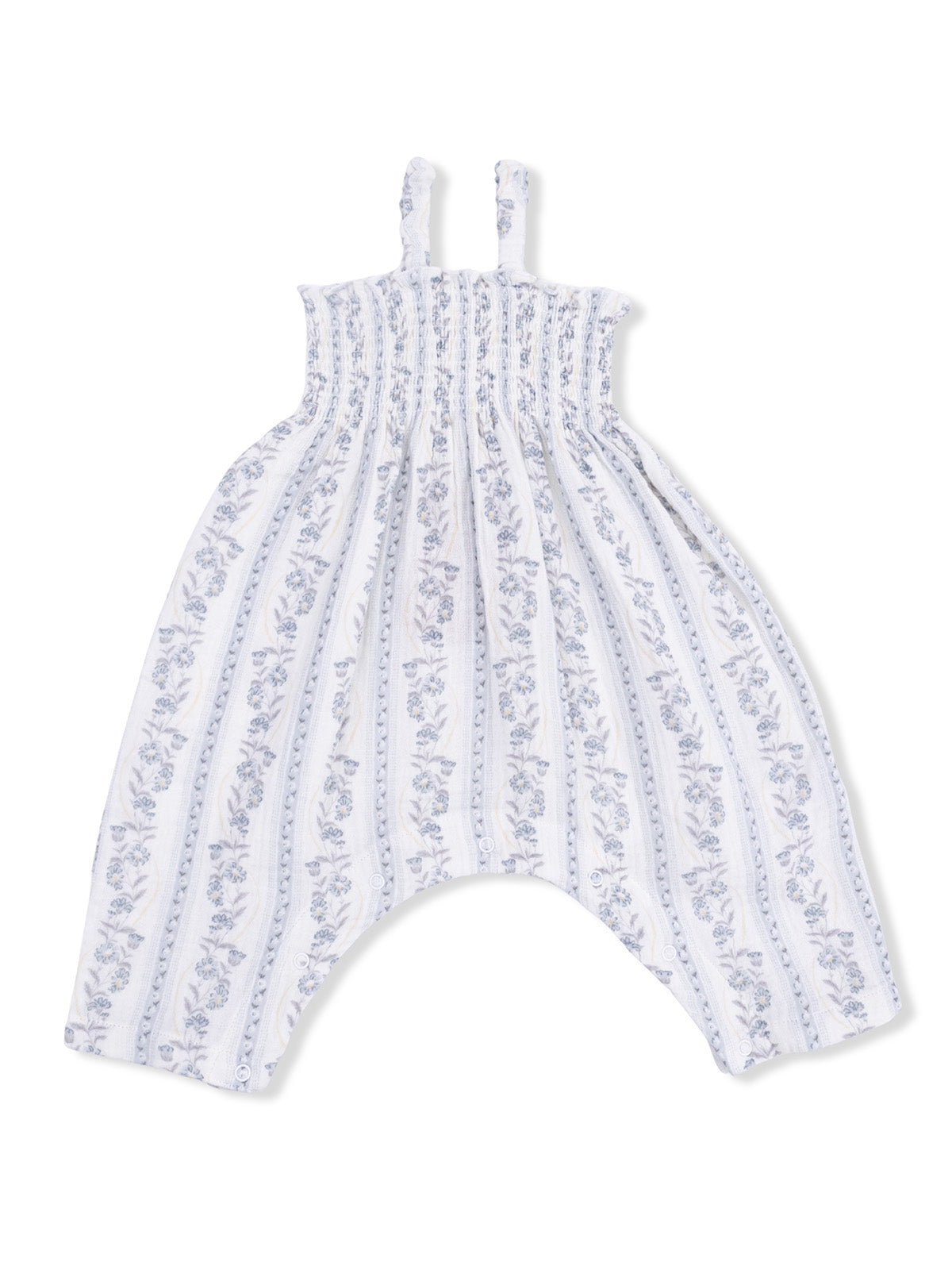 White baby romper with blue floral patterns and ruffled straps, designed for comfort and style.