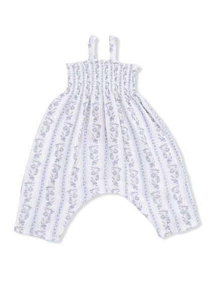 White baby romper with blue floral patterns and ruffled straps, designed for comfort and style.