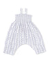 White baby romper with blue floral patterns and ruffled straps, designed for comfort and style.
