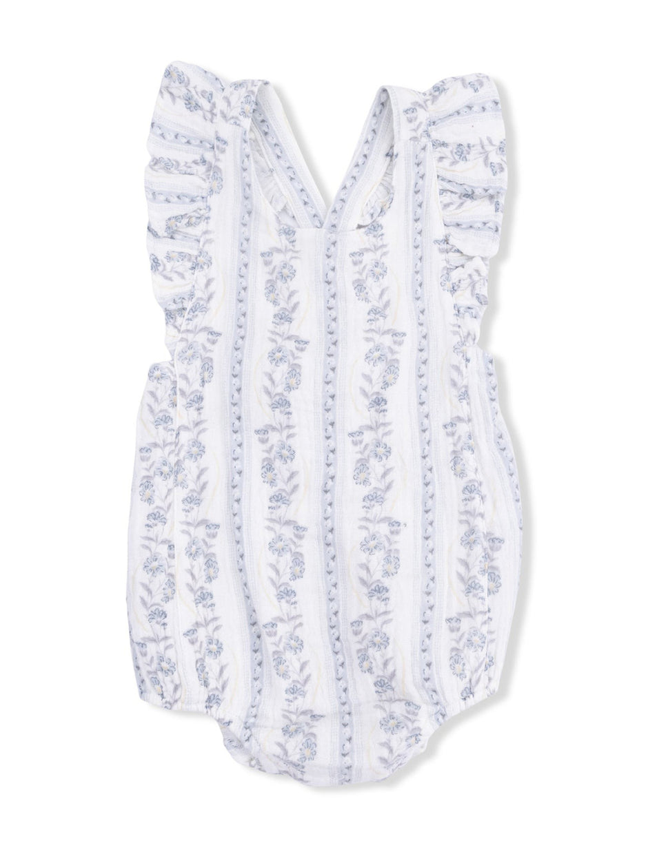 Floral-patterned baby romper with ruffled sleeves in soft white and light blue.
