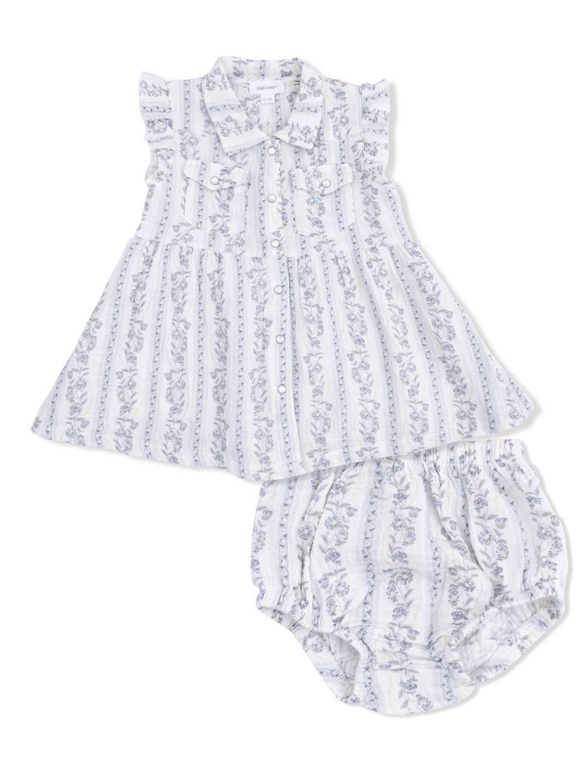 White dress with blue floral patterns and matching bloomer shorts, suitable for infants or toddlers.