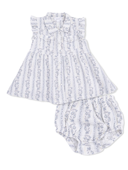 White dress with blue floral patterns and matching bloomer shorts, suitable for infants or toddlers.