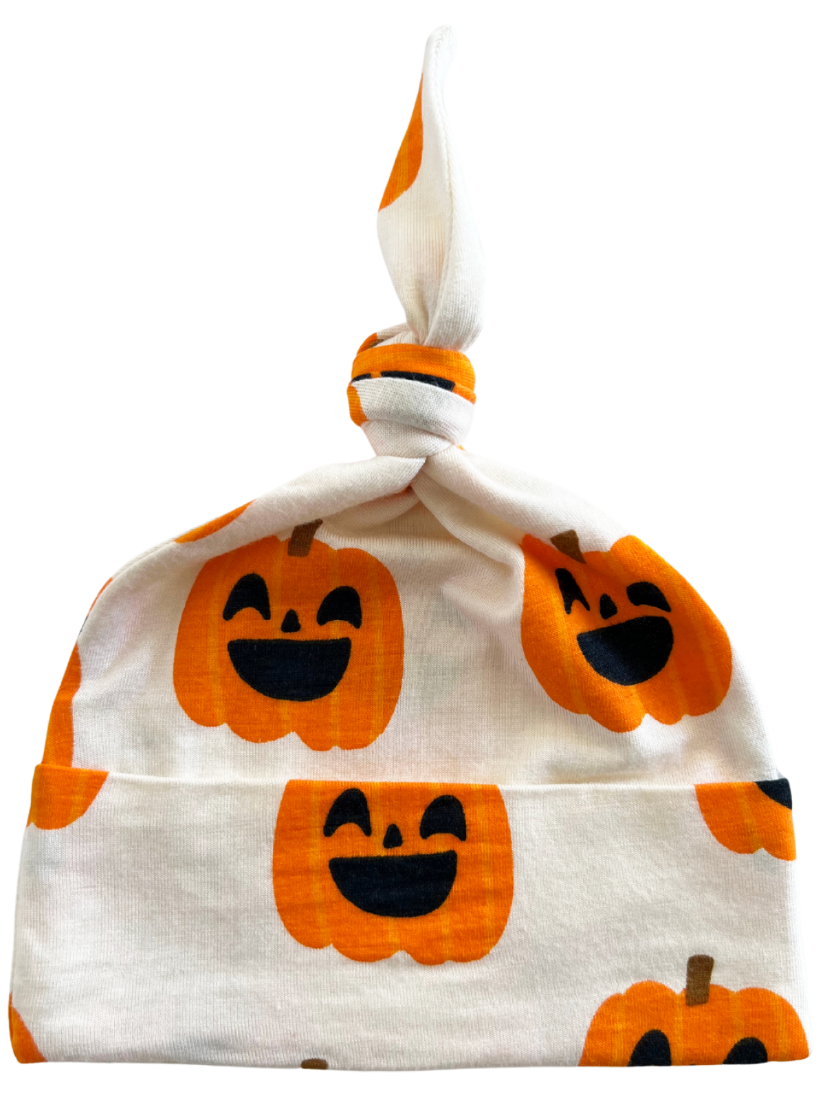 White hat with cheerful orange pumpkin patterns and a tied top, perfect for fall festivities.