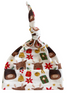 Knotted holiday hat with reindeer, gifts, and festive patterns against a white background.