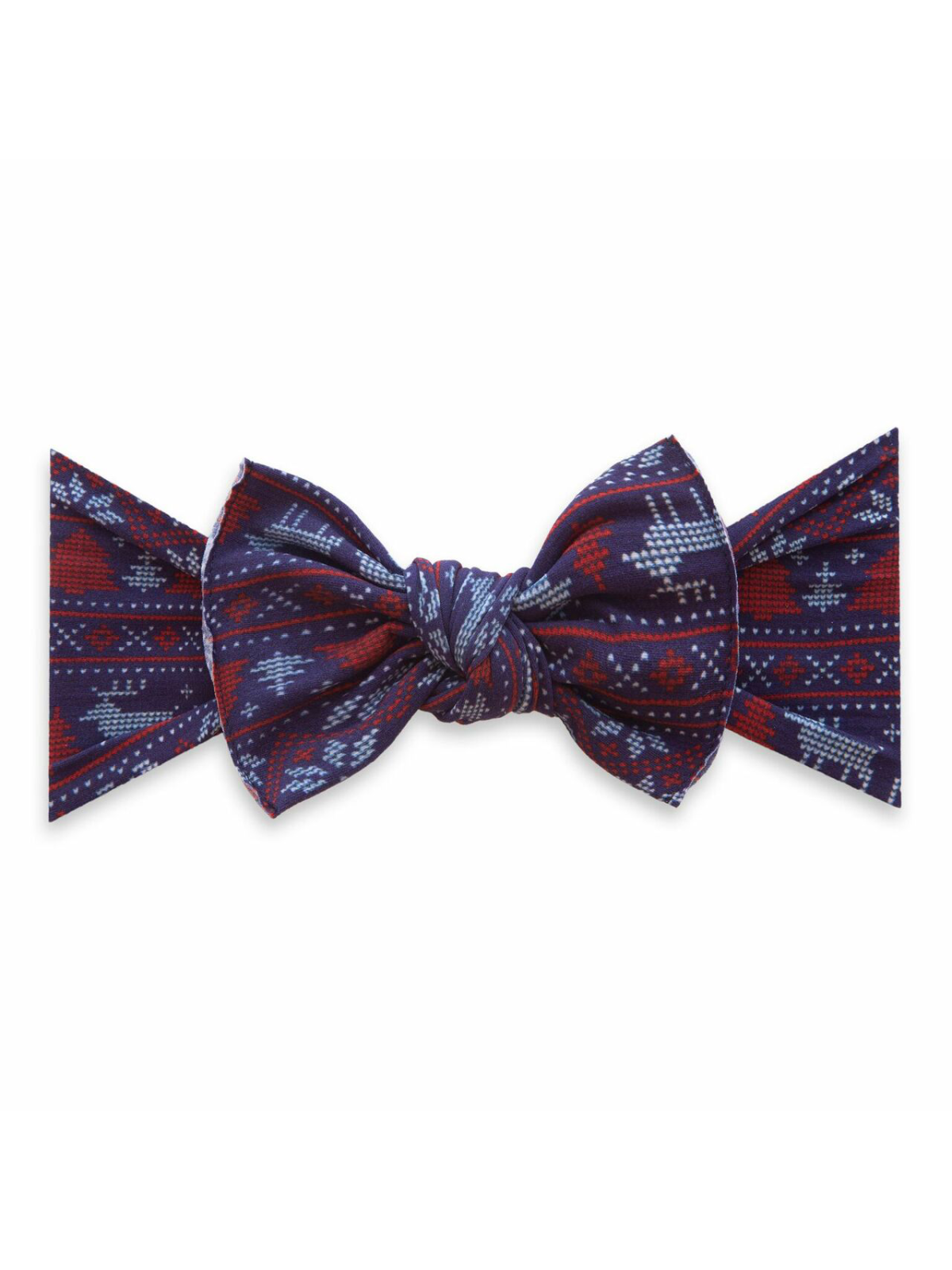 Navy blue bow tie with geometric patterns in red and blue shades, elegantly knotted in the center.