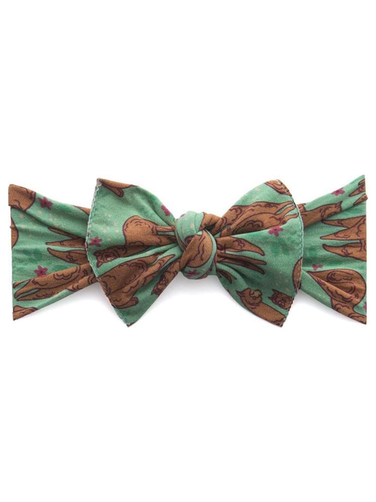 Green bow with rabbit pattern, featuring a central knot and wide, decorative ends.