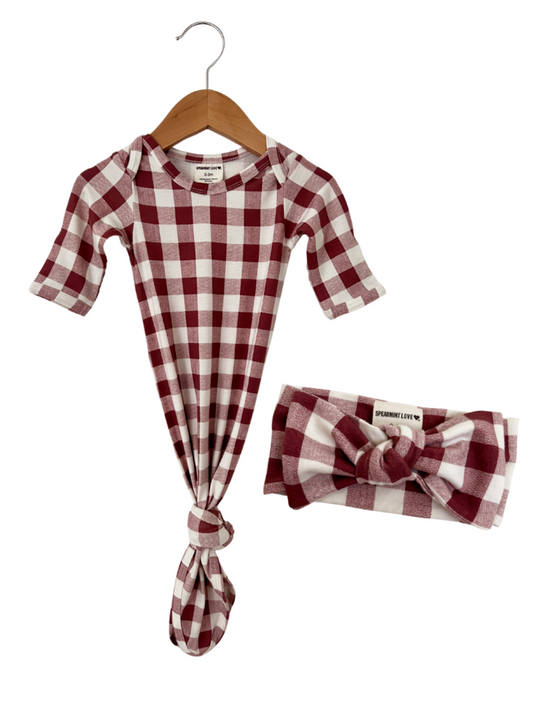 Knotted Gown & Bow Set, Mulberry Plaid