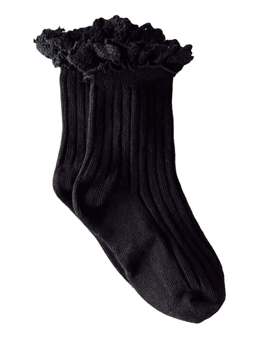 Lace Trim Ribbed Socks, Black