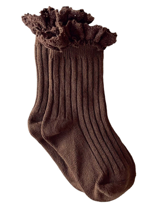Lace Trim Ribbed Socks, Brown