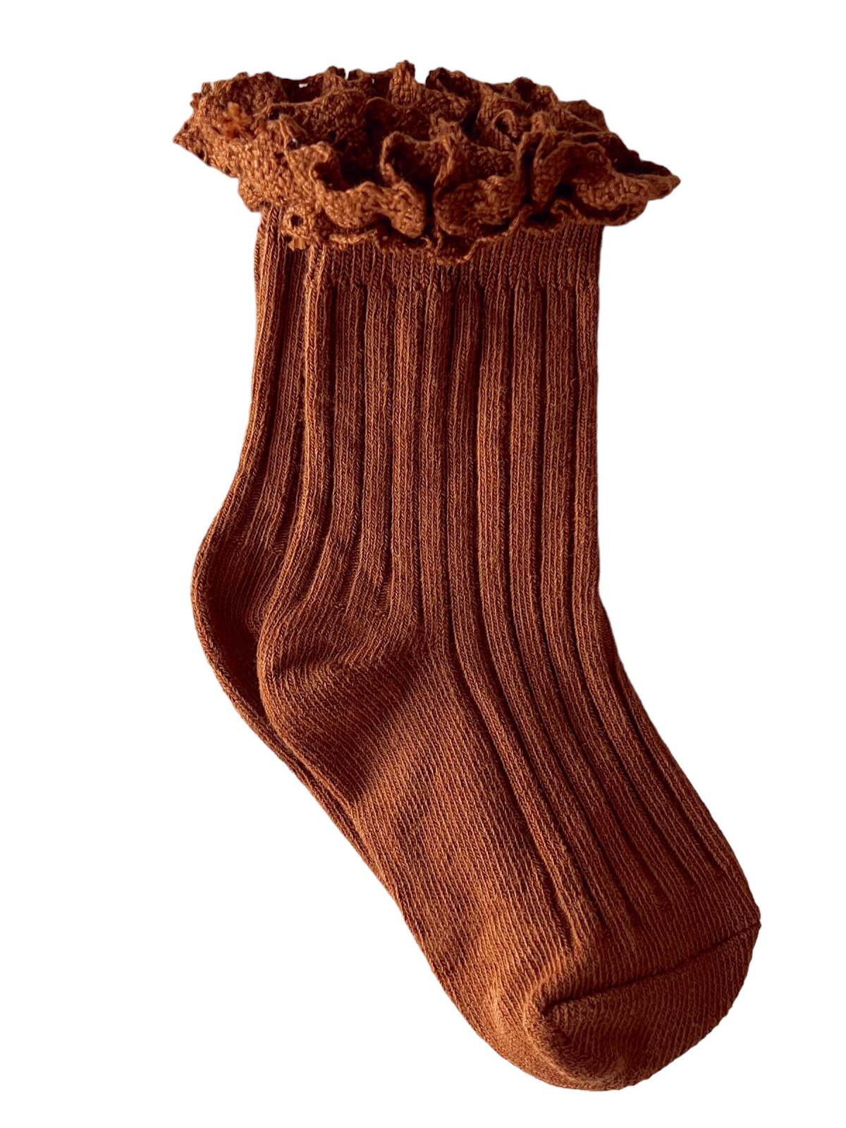 Brown ribbed socks with a ruffled top, laying flat against a white background. Ideal for stylish and comfortable wear.