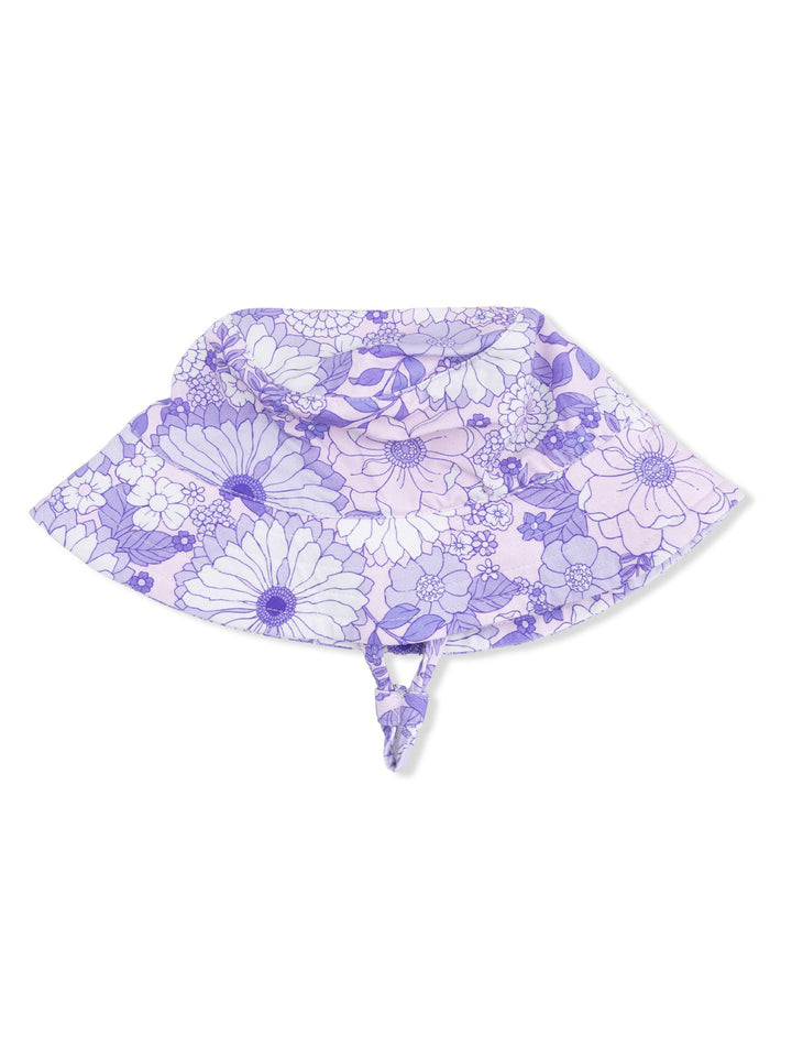 Purple floral sun hat with a wide brim and ties, featuring intricate flower patterns. Ideal for sun protection.