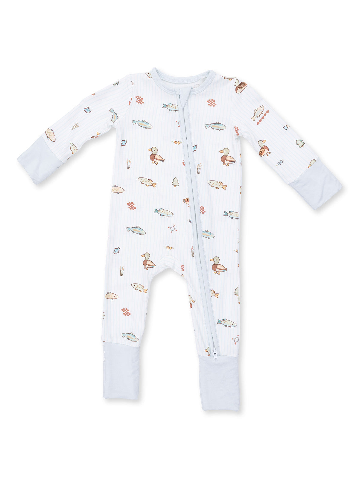 Baby onesie with fish and duck patterns, featuring long sleeves and a front zipper, in soft pastel colors.