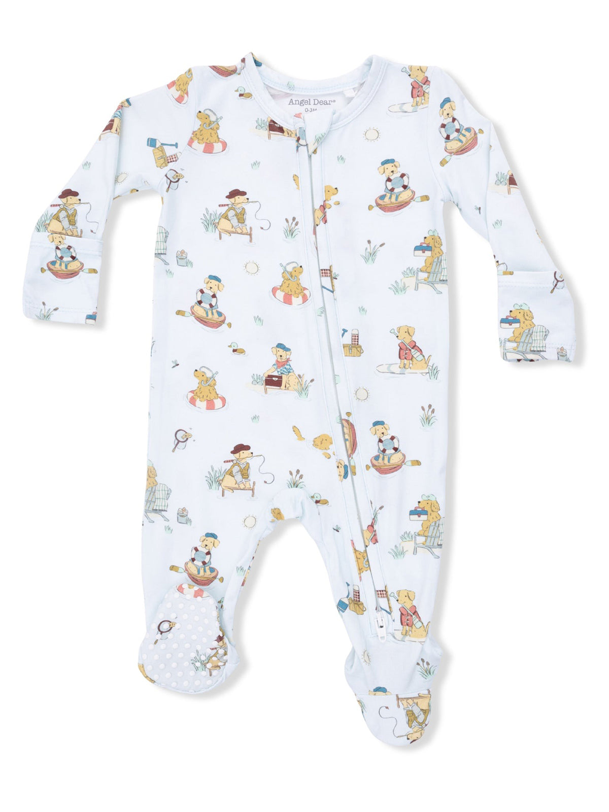 Light blue infant onesie with playful animal print featuring dogs in various activities. Zipper front and footed design.