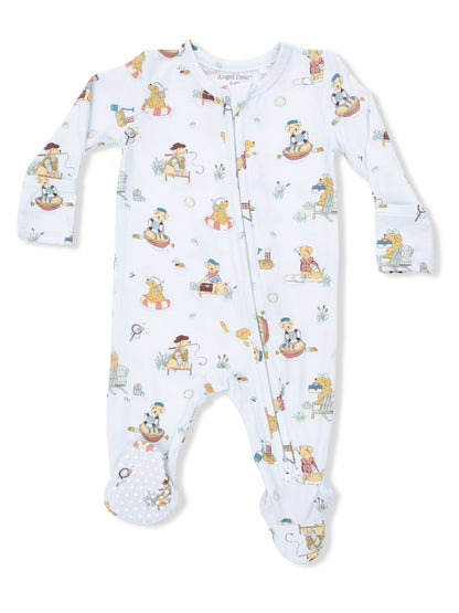 Light blue infant onesie with playful animal print featuring dogs in various activities. Zipper front and footed design.