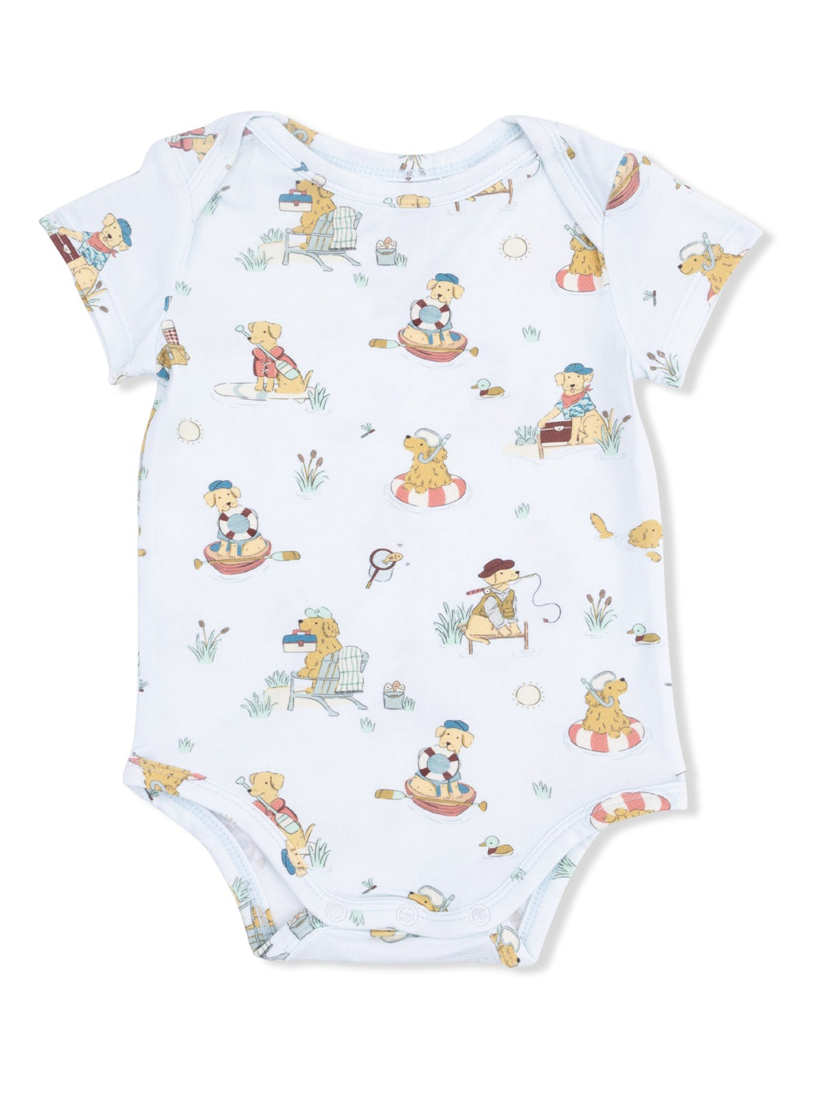 Light blue baby onesie with a playful dog pattern showcasing dogs in various outdoor activities.