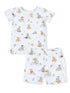 Children's pajama set featuring playful dog illustrations on a light background. Includes a shirt and shorts.