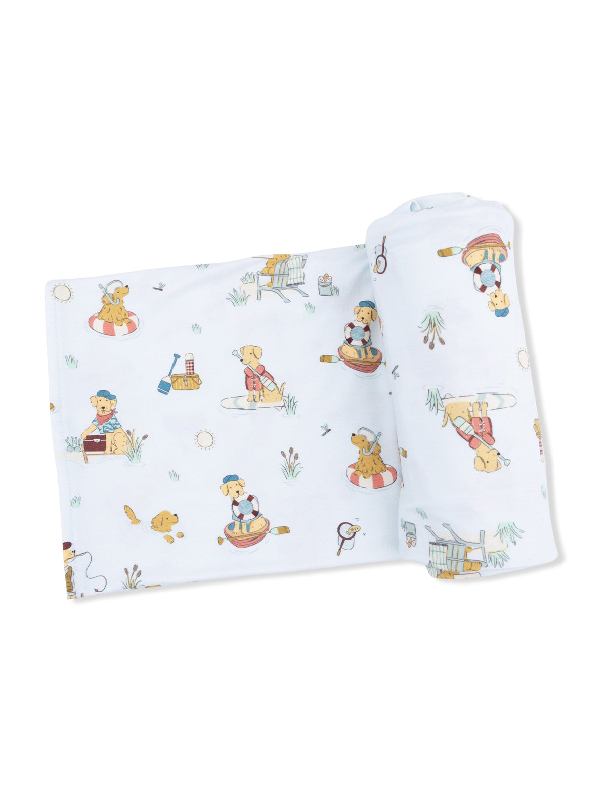 Playful blanket featuring cute dogs and children in various outdoor activities and beach settings.