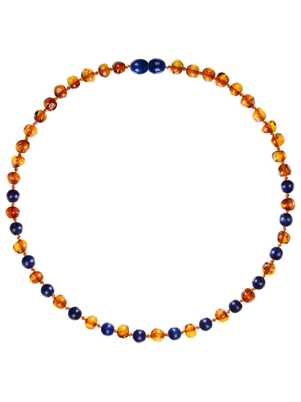 Amber and blue bead necklace arranged in a circular pattern on a white background.
