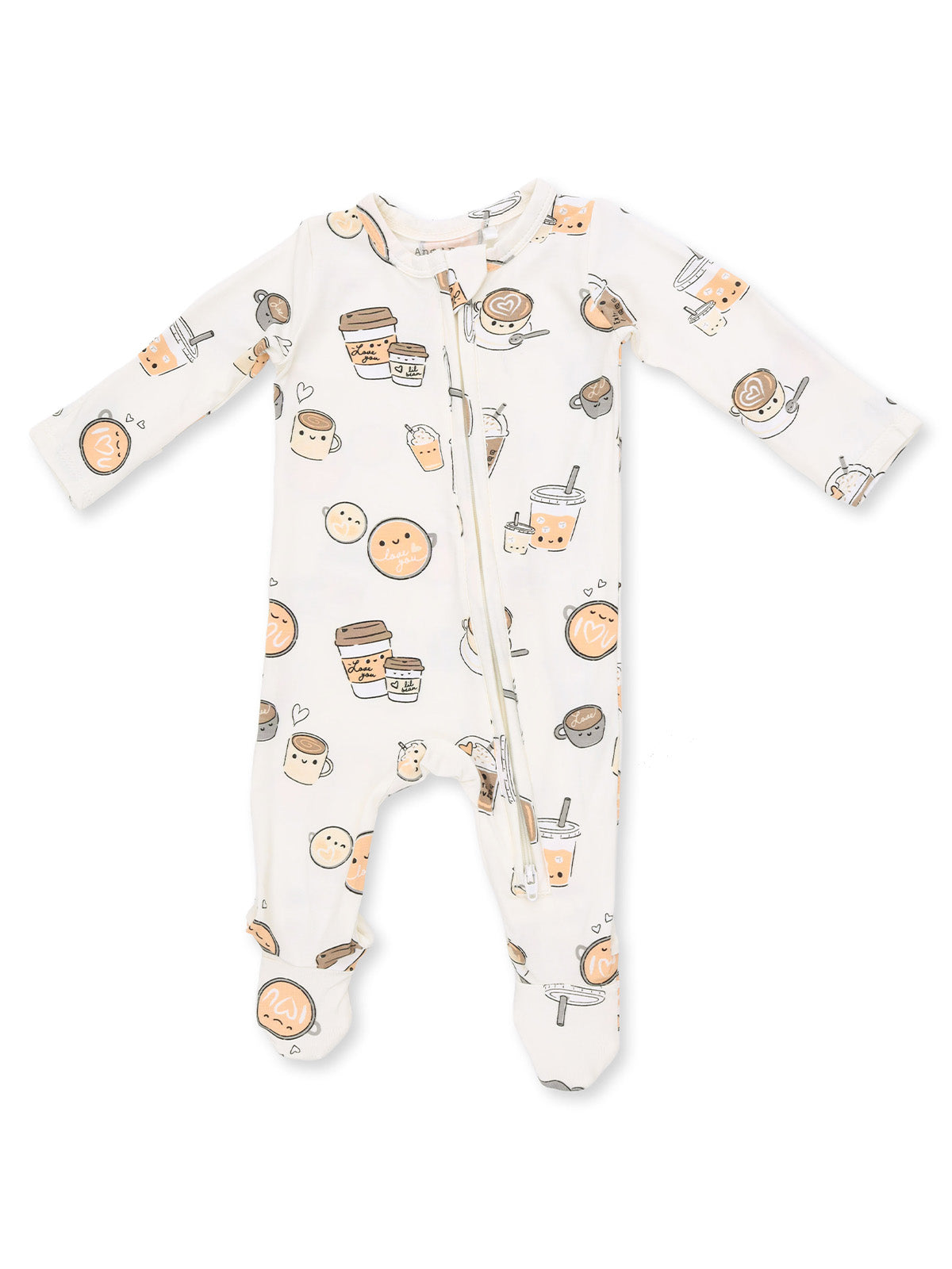 Baby onesie with cute food and drink illustrations, featuring a zipper and long sleeves, on a light background.