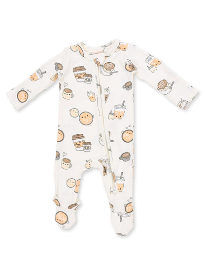 Baby onesie with cute food and drink illustrations, featuring a zipper and long sleeves, on a light background.
