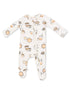 Baby onesie with cute food and drink illustrations, featuring a zipper and long sleeves, on a light background.