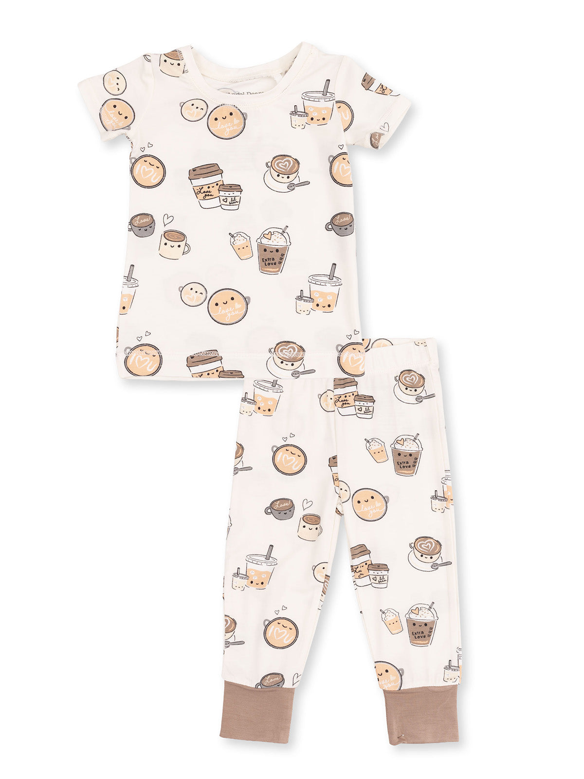 Youth pajama set featuring cute food and drink illustrations in soft pastel colors. Perfect for cozy nights.