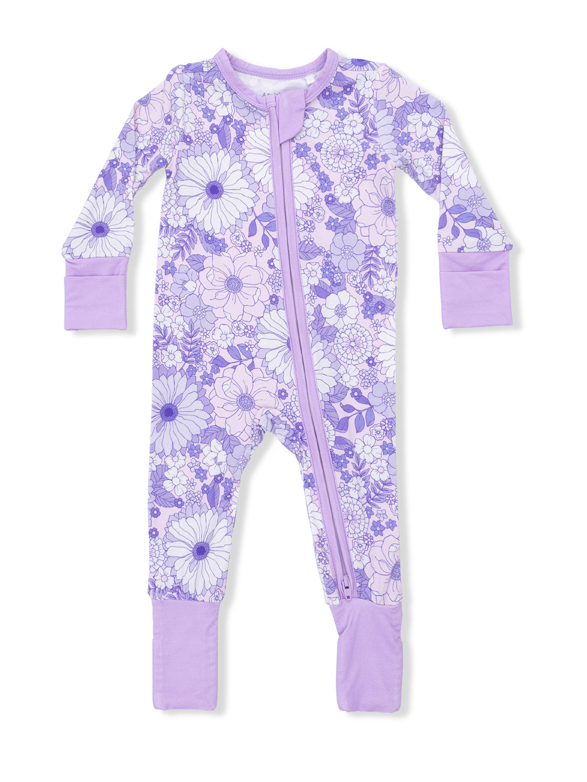 Purple floral-patterned baby onesie with long sleeves and a front zipper.