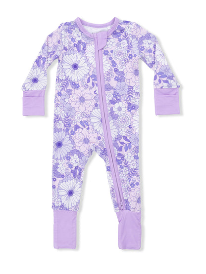 Purple floral-patterned baby onesie with long sleeves and a front zipper.