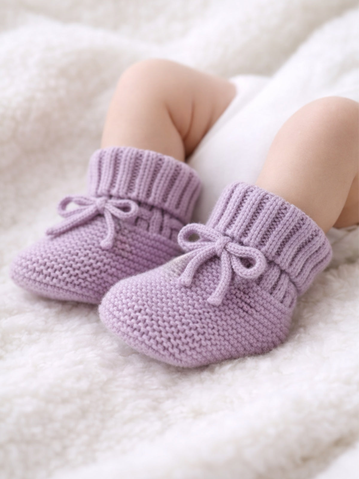 Soft lavender knitted baby booties on a fluffy white blanket, perfect for keeping little feet warm.